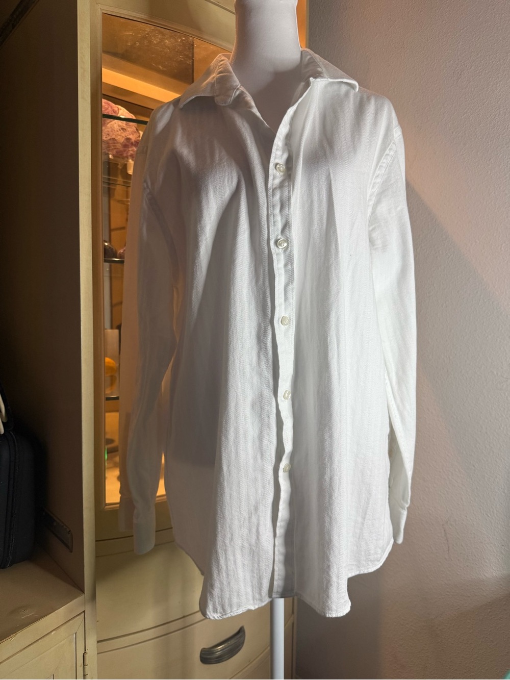 Michael Kors White Herringbone Dress Shirt Mens L 16.5 32/33 Slim Fit Stretch